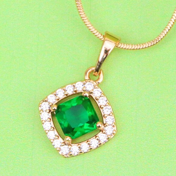 "Emerald Green Square Halo Pendant in Gold Plated Finish –Elegant Look, XPPT1794 - Picture 1 of 13